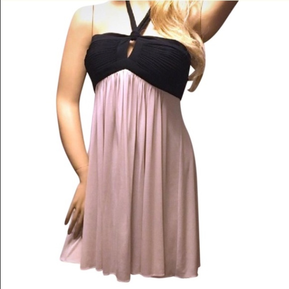 NWT BCBGMAXAZRIA Nude & Black Halter Dress | Flowy Night-Out Mini - Picture 2 of 5